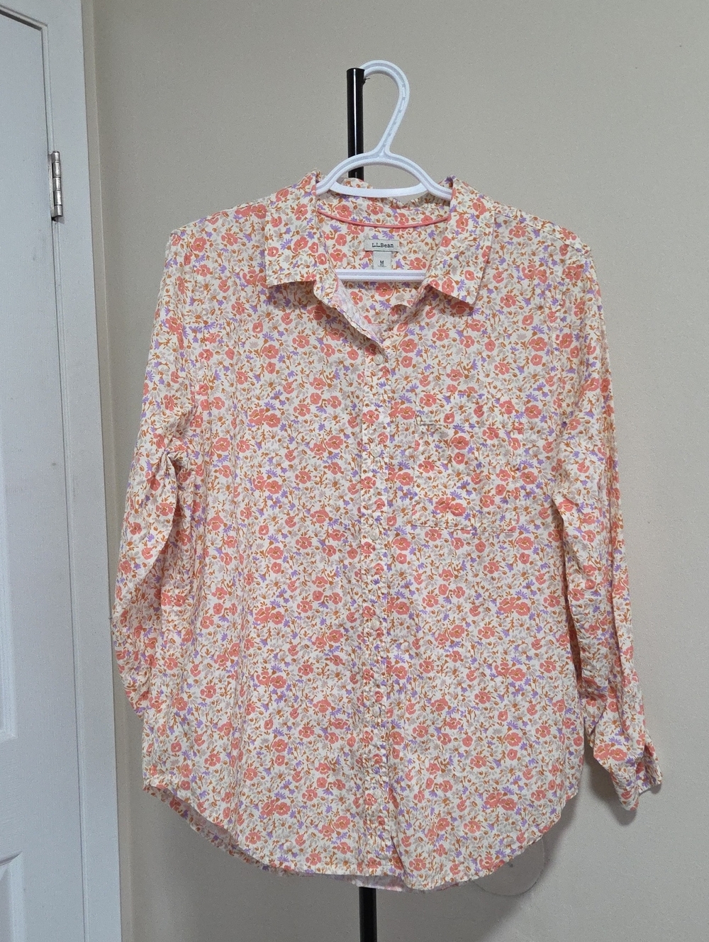 L.L. Bean 100% Cotton Peach and Cream Floral Button-Down Shirt